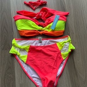 POPVIL Neon Colorblock Bandeau Bikini Set - Hot Pink, Lime & Orange